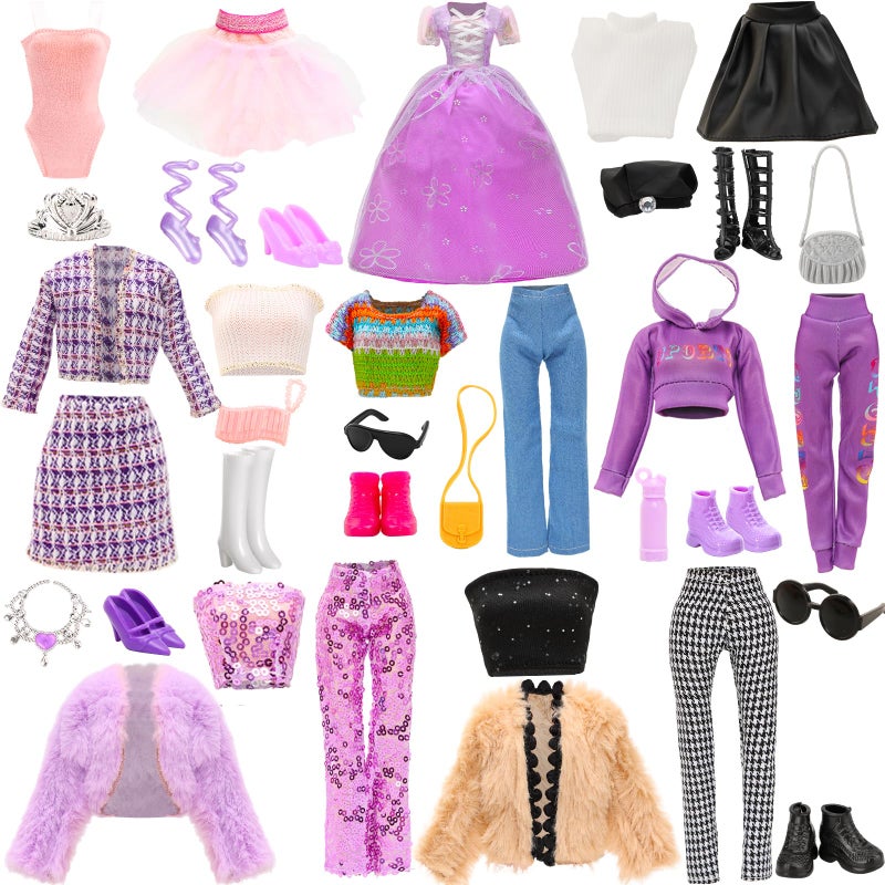 HONLAELLA 24 Pcs Doll Clothes Accessories 8 Set Clothes Including Party Gown Chill Suits Casual Outfits Sport Wear Ballet Dresses for Doll with 8 Shoes 8 Accessories for 115 Inch Girl Dolls Storytelling Set - Image 3