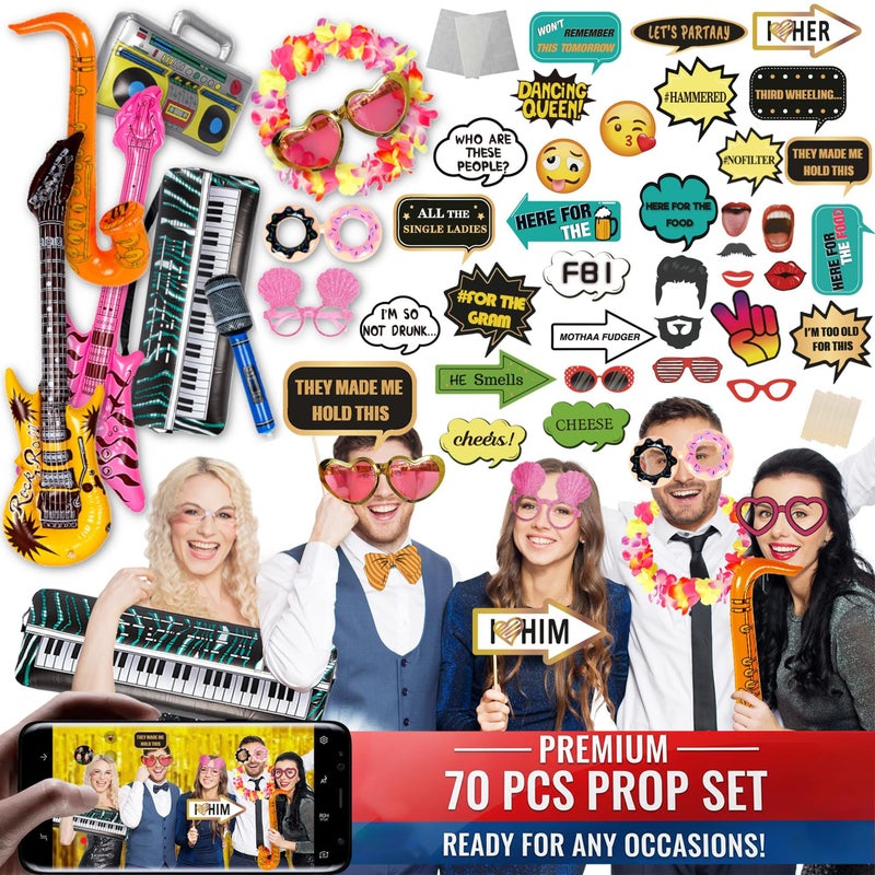 SOUL SHIFT 70 Pc Large Premium Photo Booth Props Set for All Occasions - Wedding Props, Birthday Props, Graduation Prop, Inflatables, Large Glasses, Multi-Colored Wig, Hawaiian Lei, Hand Pump - Image 1
