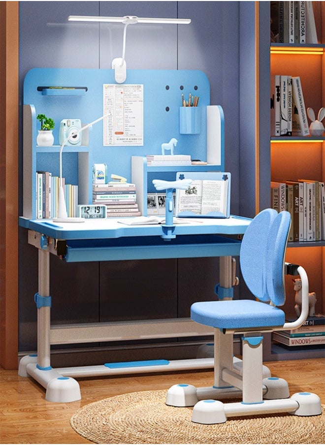 fashionhome - Modern Ergonomic Design Multifunction Adjustable Height Student Desk with Storage Shelfs Study Reading and Drawing Workstation Desk and Chair Kids Furniture 42x40x48 and 80x59x70 cm - Image 1