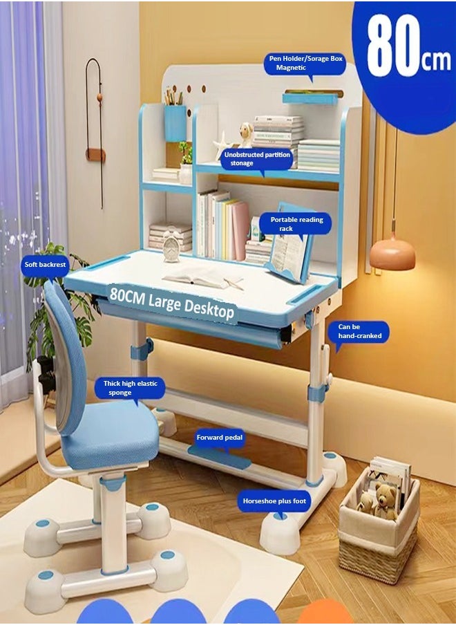 fashionhome - Modern Ergonomic Design Multifunction Adjustable Height Student Desk with Storage Shelfs Study Reading and Drawing Workstation Desk and Chair Kids Furniture 42x40x48 and 80x59x70 cm - Image 1
