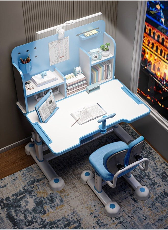 fashionhome - Modern Ergonomic Design Multifunction Adjustable Height Student Desk with Storage Shelfs Study Reading and Drawing Workstation Desk and Chair Kids Furniture 42x40x48 and 80x59x70 cm - Image 1