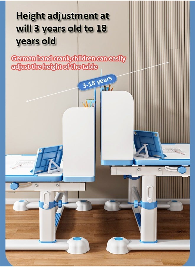 fashionhome - Modern Ergonomic Design Multifunction Adjustable Height Student Desk with Storage Shelfs Study Reading and Drawing Workstation Desk and Chair Kids Furniture 42x40x48 and 80x59x70 cm - Image 1