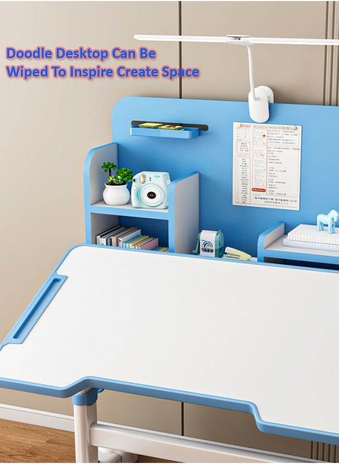 fashionhome - Modern Ergonomic Design Multifunction Adjustable Height Student Desk with Storage Shelfs Study Reading and Drawing Workstation Desk and Chair Kids Furniture 42x40x48 and 80x59x70 cm - Image 1
