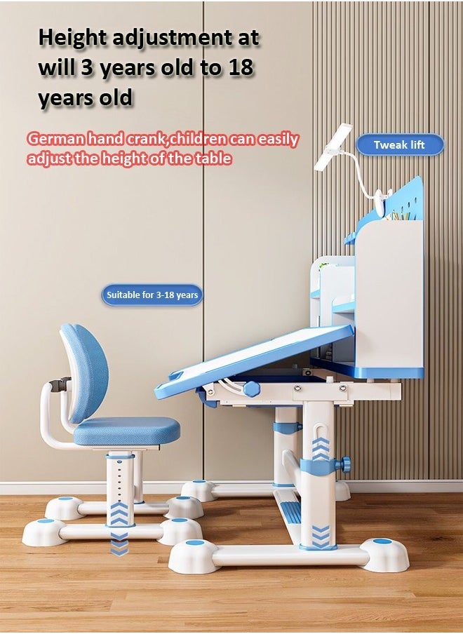 fashionhome - Modern Ergonomic Design Multifunction Adjustable Height Student Desk with Storage Shelfs Study Reading and Drawing Workstation Desk and Chair Kids Furniture 42x40x48 and 80x59x70 cm - Image 1
