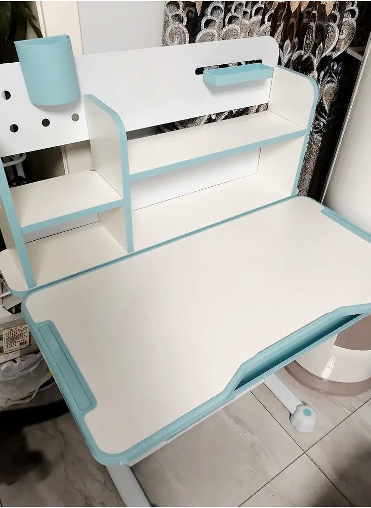 fashionhome - Modern Ergonomic Design Multifunction Adjustable Height Student Desk with Storage Shelfs Study Reading and Drawing Workstation Desk and Chair Kids Furniture 42x40x48 and 80x59x70 cm - Image 1