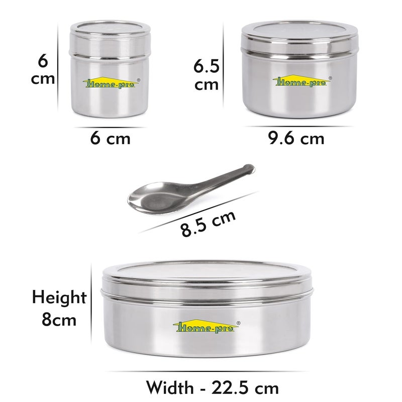 HOMEPRO See Through Neelam Masala Dabba Stainless Steel Spices Container Kitchen Use Dabba Mutipurpose Container 9 Small Container Air Tight 225 Cm Diameter Pack Of 1 Silver - Image 3