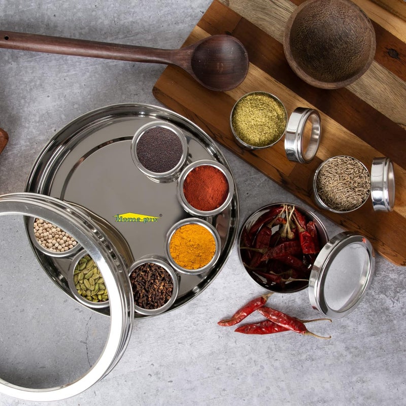 HOMEPRO See Through Neelam Masala Dabba Stainless Steel Spices Container Kitchen Use Dabba Mutipurpose Container 9 Small Container Air Tight 225 Cm Diameter Pack Of 1 Silver - Image 2