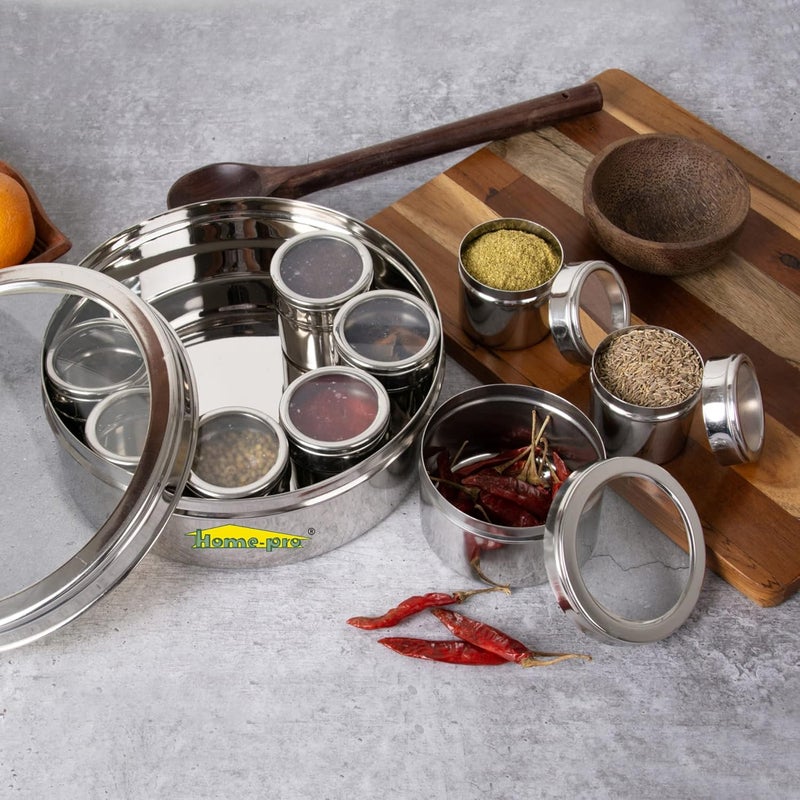 HOMEPRO See Through Neelam Masala Dabba Stainless Steel Spices Container Kitchen Use Dabba Mutipurpose Container 9 Small Container Air Tight 225 Cm Diameter Pack Of 1 Silver - Image 1