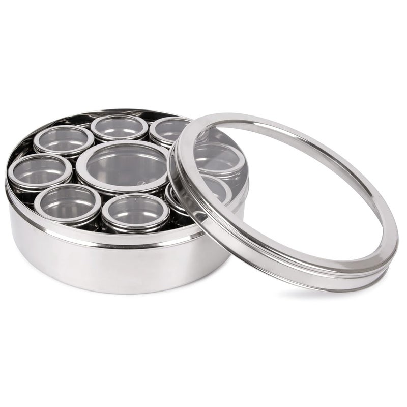 HOMEPRO See Through Neelam Masala Dabba Stainless Steel Spices Container Kitchen Use Dabba Mutipurpose Container 9 Small Container Air Tight 225 Cm Diameter Pack Of 1 Silver - Image 5
