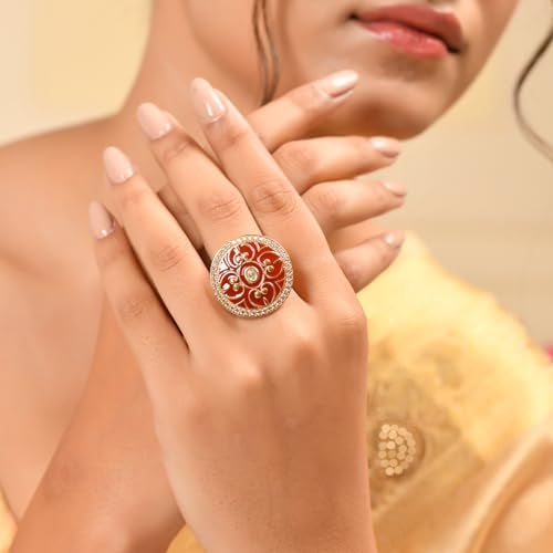 VOYLLA Pashmina Ring|Rings For Women|Statement Rings For Women|Wedding|Party|Gift For Women|Enameled|Kundan Rings| (Ziya) - Image 3
