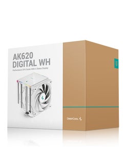 DEEPCOOL AK620 Digital WH Performance CPU Cooler, 6×6 mm Heatpipes, 500~1850 RPM Fan Speed, 68.99 CFM Airflow, ≤28 dB(A) Noise, Fluid Dynamic Bearing, 12 VDC Fan Voltage, Addressable RGB LED, 3-pin & 9-pin USB 2.0 Connector, Digital Status Screen, ARGB LED Strips, White | R-AK620-WHADMN-G  - Image 1