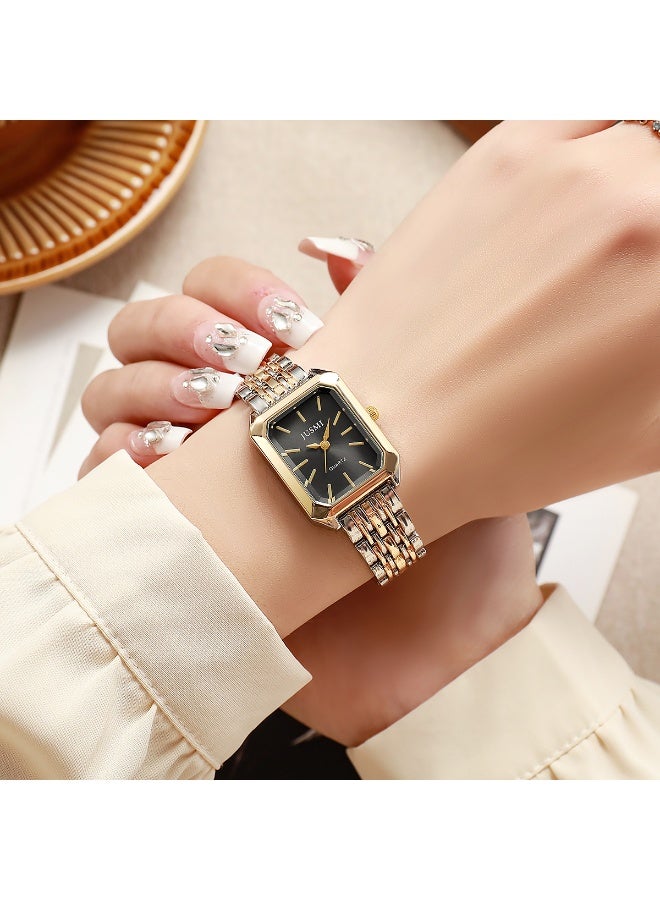 JUSMI Minimalist Vintage Style Ladies Quartz Watch, Metal Steel Case & Band, Women Fashion Wrist Watch (Gold / Black) - Image 1