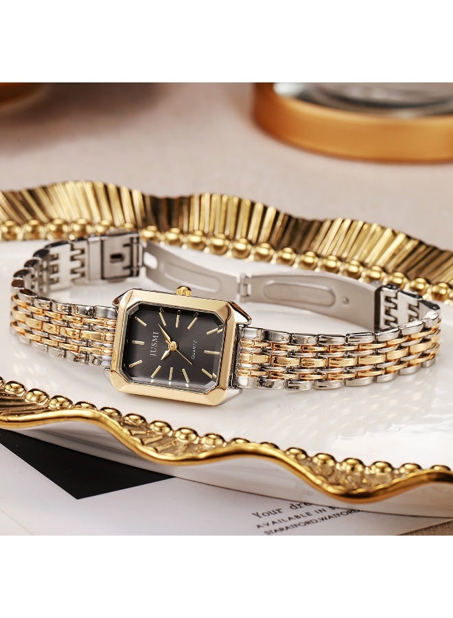 JUSMI Minimalist Vintage Style Ladies Quartz Watch, Metal Steel Case & Band, Women Fashion Wrist Watch (Gold / Black) - Image 2