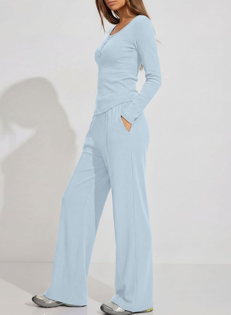 Darong Womens Sweatsuits 2 Piece Set 2025 Fall Winter Button Henley Sweatshirt Drawstring Pants Lounge Sets with Pockets 9122 Light Blue S - Image 4