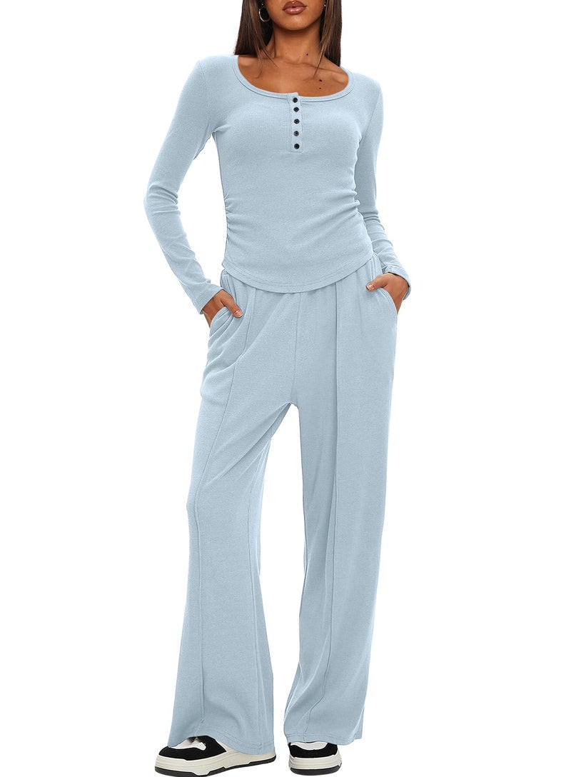 Darong Womens Sweatsuits 2 Piece Set 2025 Fall Winter Button Henley Sweatshirt Drawstring Pants Lounge Sets with Pockets 9122 Light Blue S - Image 5