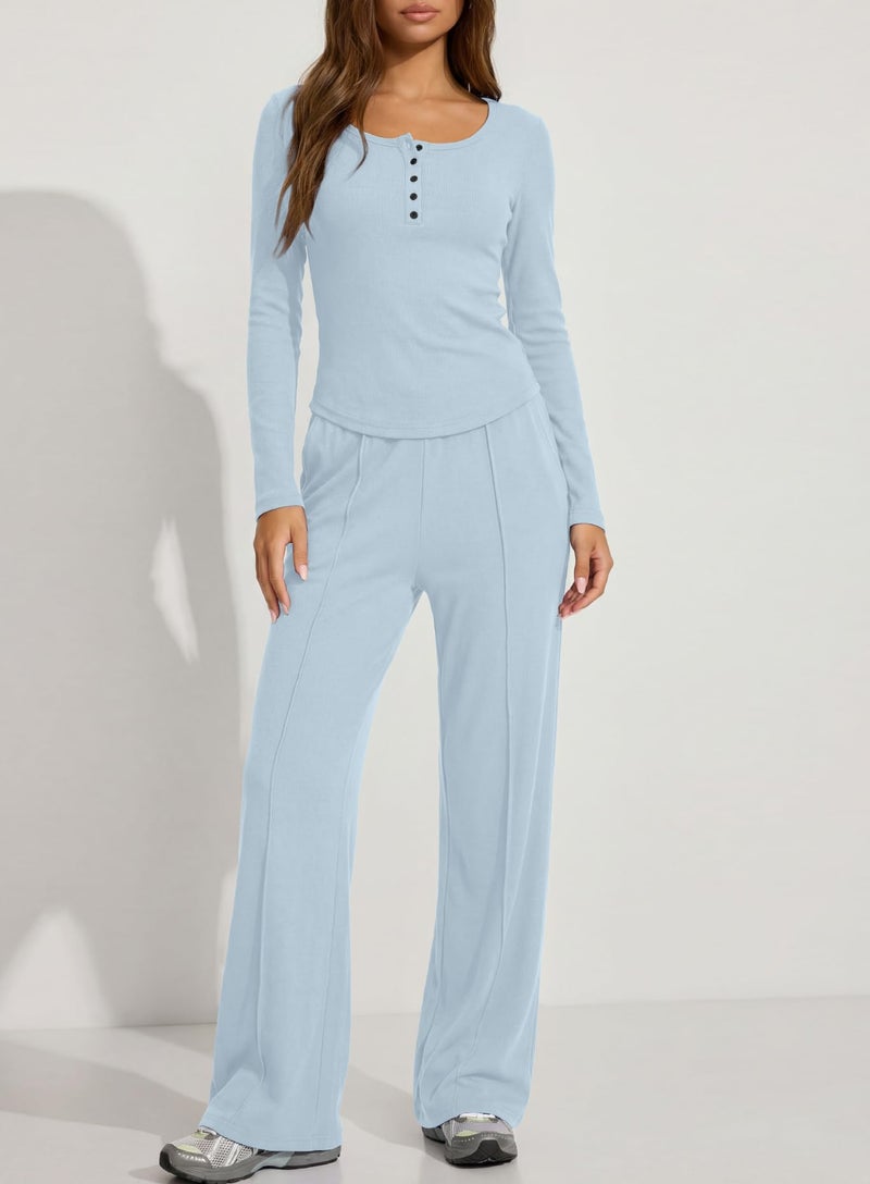 Darong Womens Sweatsuits 2 Piece Set 2025 Fall Winter Button Henley Sweatshirt Drawstring Pants Lounge Sets with Pockets 9122 Light Blue S - Image 3