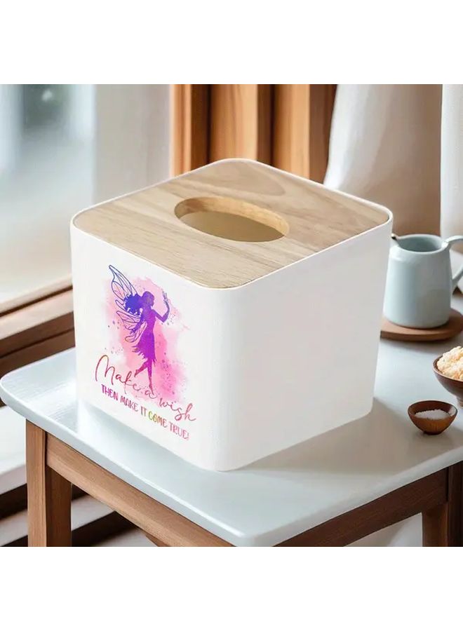 White A12 Tissue Box Holder Rectangular Plastic with Bamboo Lid For Bathroom - Image 5