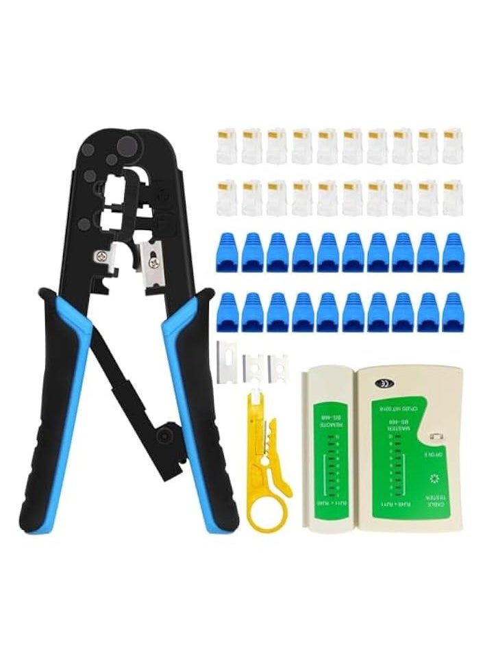 PROMASS Professional RJ45 Crimping Tool Kit for Cat5/Cat6 Ethernet Cables - Includes 50 Pass-Through Connectors, 50 RJ45 Boots, and Mini Wire Stripper for Network Cable Testing  - Image 1