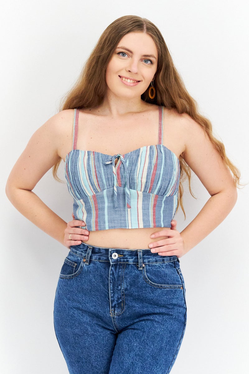 LUCKY BRAND Women Tie Neckline Sleeveless Stripe Crop Top, Blue Combo - Image 1