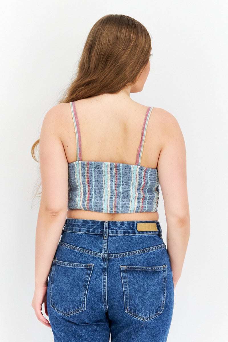 LUCKY BRAND Women Tie Neckline Sleeveless Stripe Crop Top, Blue Combo - Image 3