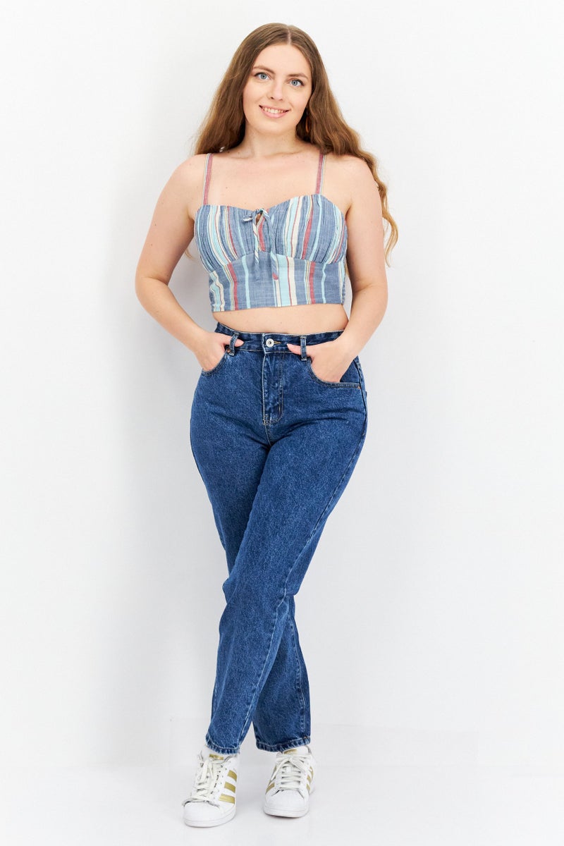 LUCKY BRAND Women Tie Neckline Sleeveless Stripe Crop Top, Blue Combo - Image 2