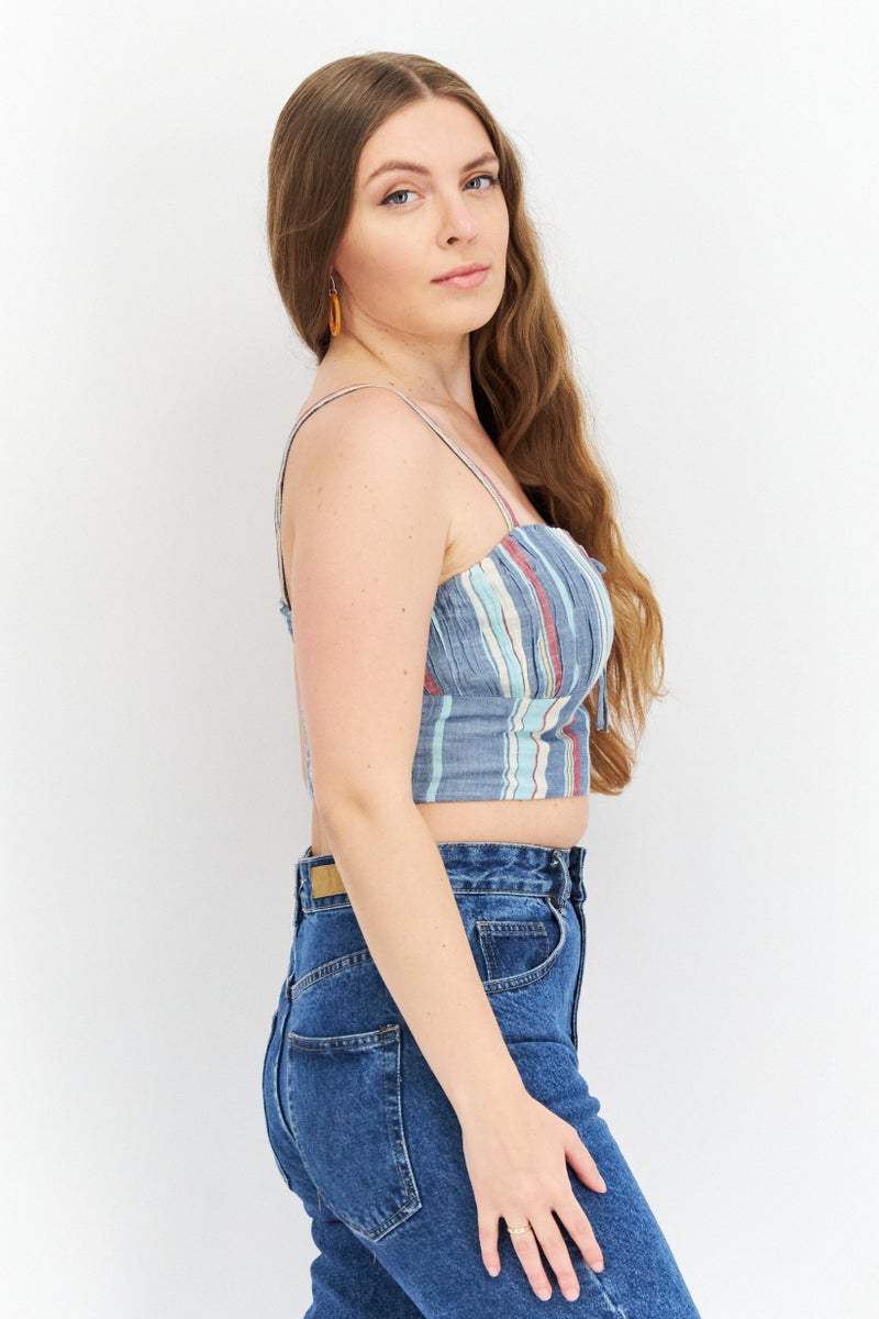 LUCKY BRAND Women Tie Neckline Sleeveless Stripe Crop Top, Blue Combo - Image 4