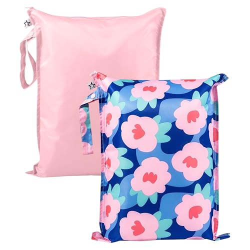 Tiny Twinkle Wet Dry Bag – 2 Pack Reusable Waterproof & Mess Proof Wet Bags for Swimsuits & Travel, Baby Towels & Beach Essentials,a Diaper Bag Must-Have(Blue Floral) - Image 1