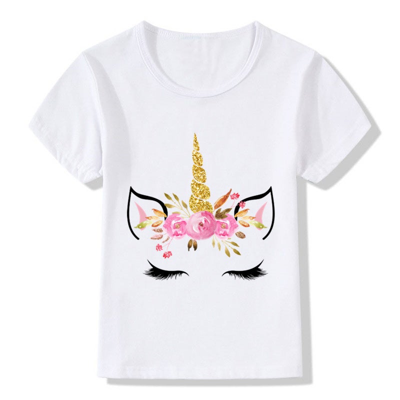 Adult children eyelash ears unicorn horn printed white T-shirt short sleeve women's wish/ - Image 1