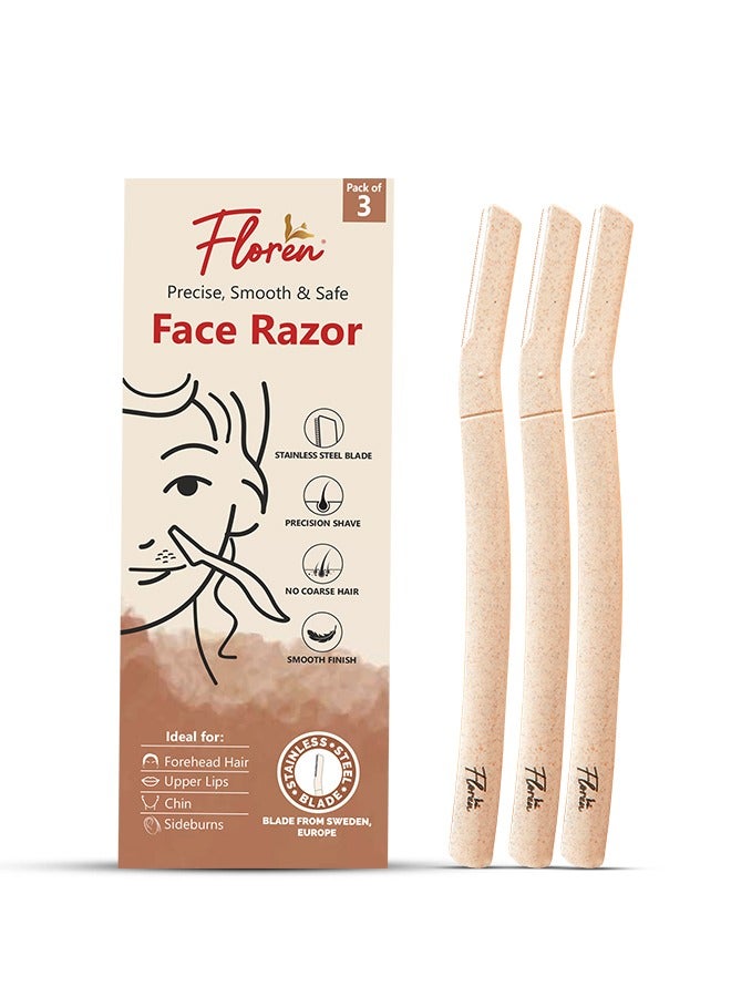 Floren 3-pcs Face Razor For Women I For Smooth & Effortless Facial Hair Removal I Suitable For Peach Fuzz, Chin, Upper Lips, Eyebrows, Dermaplaning Tool I Pack of 3 razors - Image 1