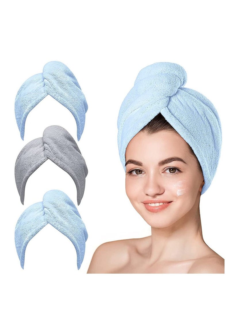 Microfiber Hair Towel,3 Packs Hair Turbans for Wet Hair, Wrap Hair Towels for Women Anti Frizz Fast Hair Drying Towel Ultra-Absorbent Soft for Curly Long Thick Hair (Blue, Grey) - Image 1