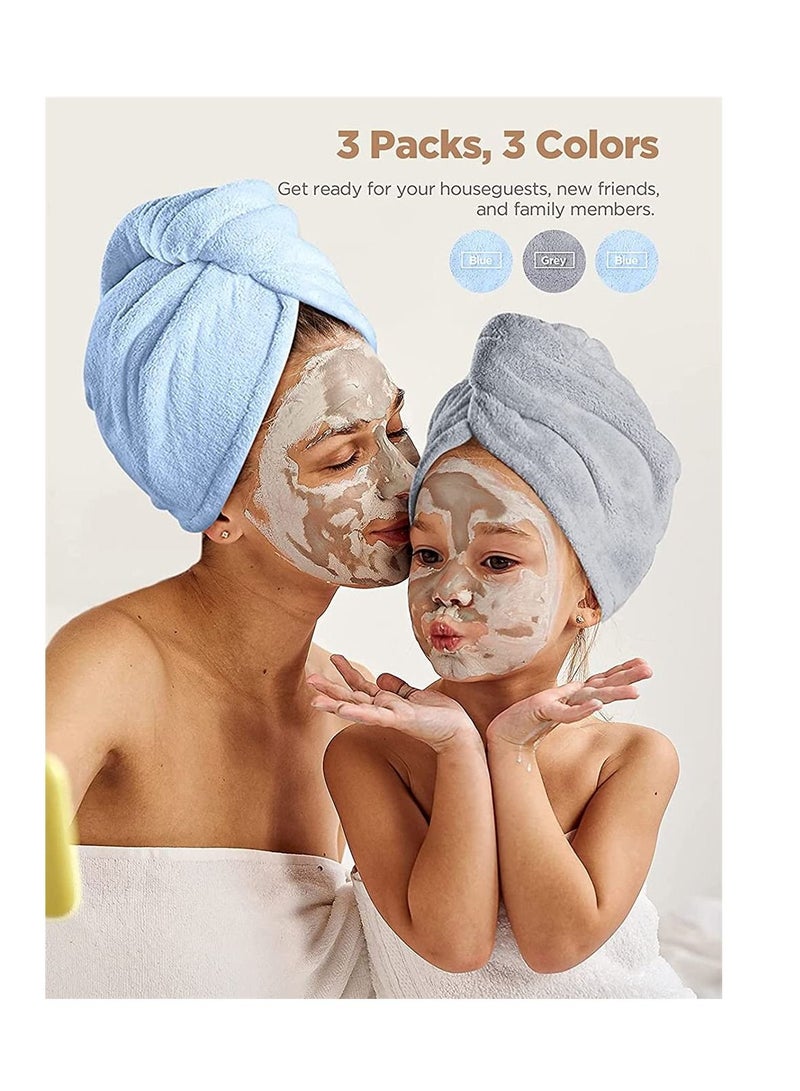 Microfiber Hair Towel,3 Packs Hair Turbans for Wet Hair, Wrap Hair Towels for Women Anti Frizz Fast Hair Drying Towel Ultra-Absorbent Soft for Curly Long Thick Hair (Blue, Grey) - Image 3