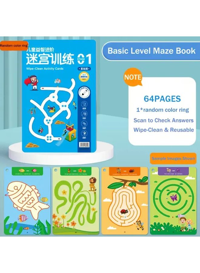مجموعة كتب متاهات الأطفال للمستوى الأساسي - 64 بطاقة نشاط قابلة لإعادة الاستخدام والمسح - تدريب العقل للأعمار من 4 إلى 8 سنوات - Image 1