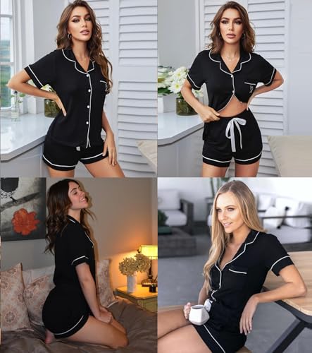 SWOMOG Womens Button Down Pajamas Set Short Sleeve Sleepwear Bride Soft Pj Lounge Sets XS-3XL Black XX-Large - Image 4