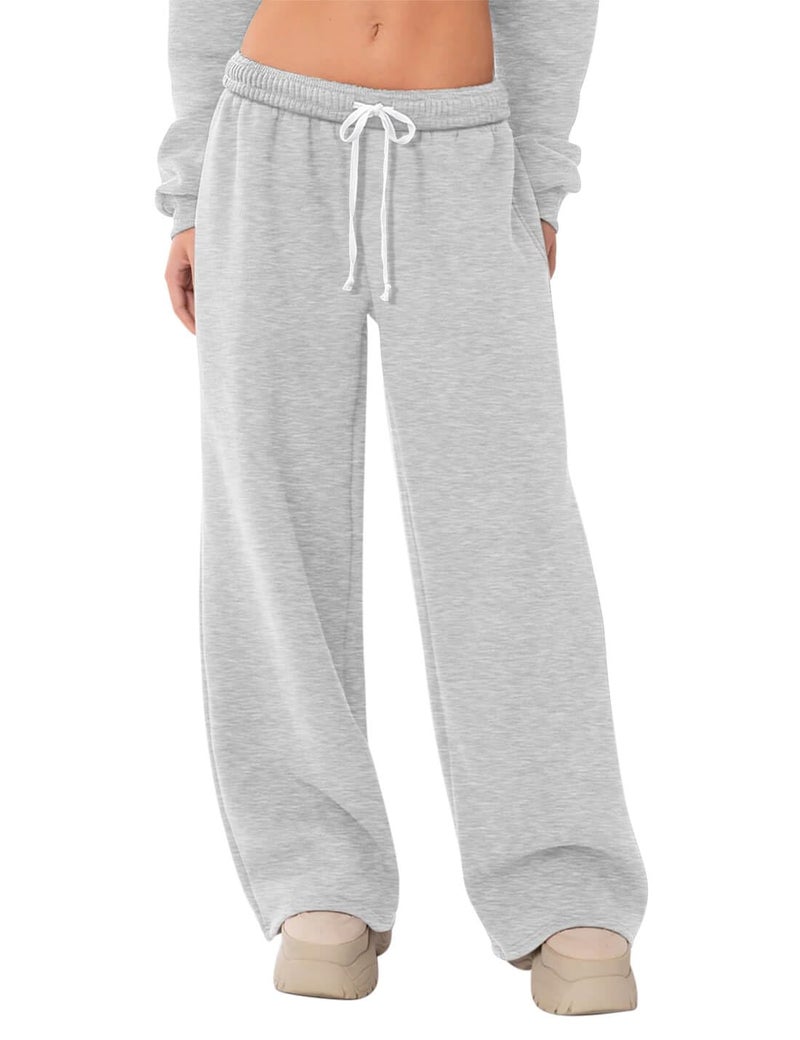 HeSaYep Women's Fleece Lined Sweatpants Wide Leg Baggy High Waisted Sweat Pants Drawstring Lounge Trousers Y2K Straight Leg Sherpa Pants Grey S - Image 1