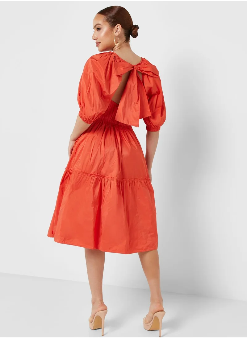 Nocturne Balloon Sleeve Tie Detail Ruch Dress