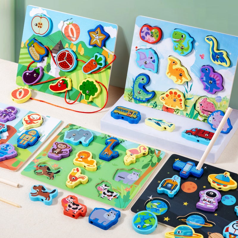 New Wooden Double-Sided Multi-Functional Matching Jigsaw Puzzle For Children Winning Rope Beaded Puzzle Early Education Toy - Image 2