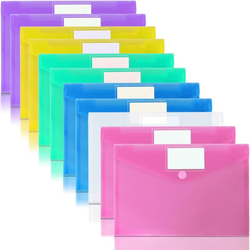 OUTYLTS 11 Pack Plastic Poly Filing Envelopes, Clear Document Folders US Letter A4 Size File Envelopes with Label Pocket & Paste Button for School Home Work Office Organization, 6 Assorted Color - Image 1