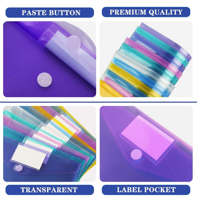 OUTYLTS 11 Pack Plastic Poly Filing Envelopes, Clear Document Folders US Letter A4 Size File Envelopes with Label Pocket & Paste Button for School Home Work Office Organization, 6 Assorted Color - Image 4
