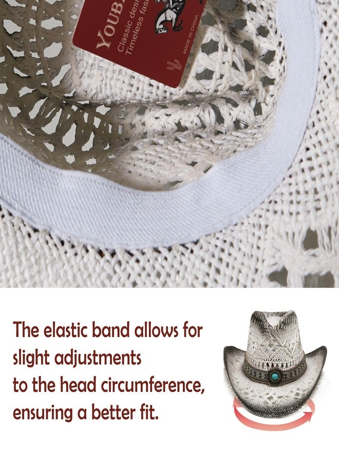YOUBADU Western Straw Cowboy and Cowgirl Hats with Decorative Bands - Unisex Wide Brim Raffia Style Sun Hat, White With Grey, One Size-Medium - Image 4