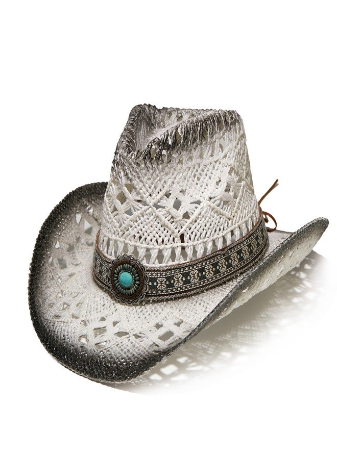 YOUBADU Western Straw Cowboy and Cowgirl Hats with Decorative Bands - Unisex Wide Brim Raffia Style Sun Hat, White With Grey, One Size-Medium - Image 1