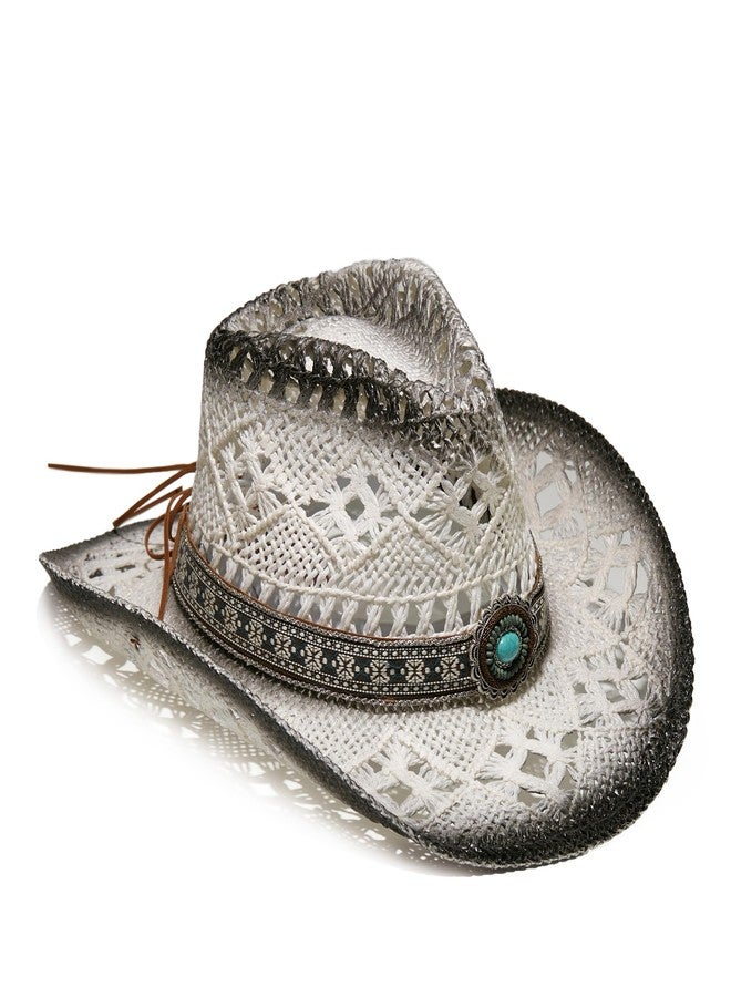 YOUBADU Western Straw Cowboy and Cowgirl Hats with Decorative Bands - Unisex Wide Brim Raffia Style Sun Hat, White With Grey, One Size-Medium - Image 2