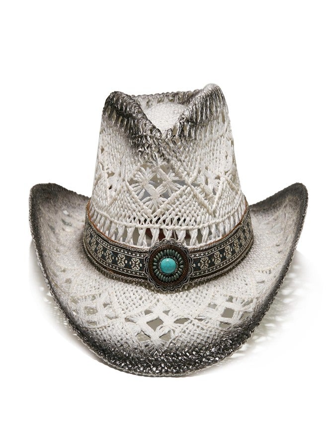YOUBADU Western Straw Cowboy and Cowgirl Hats with Decorative Bands - Unisex Wide Brim Raffia Style Sun Hat, White With Grey, One Size-Medium - Image 3