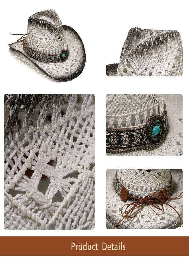 YOUBADU Western Straw Cowboy and Cowgirl Hats with Decorative Bands - Unisex Wide Brim Raffia Style Sun Hat, White With Grey, One Size-Medium - Image 5