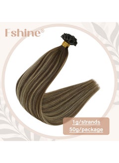 Fshine U Tip Hair Extensions Human Hair Ombre Remy Pre Bonded Hair Extensions Balayage Dark Brown Fading To Caramel Blonde And Chocolate Brown 22 Inch Hot Fusion Extensions For Women 50G/50S  - Image 3