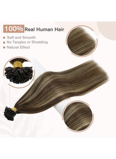 Fshine U Tip Hair Extensions Human Hair Ombre Remy Pre Bonded Hair Extensions Balayage Dark Brown Fading To Caramel Blonde And Chocolate Brown 22 Inch Hot Fusion Extensions For Women 50G/50S  - Image 5