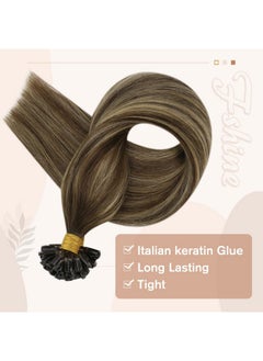 Fshine U Tip Hair Extensions Human Hair Ombre Remy Pre Bonded Hair Extensions Balayage Dark Brown Fading To Caramel Blonde And Chocolate Brown 22 Inch Hot Fusion Extensions For Women 50G/50S  - Image 4