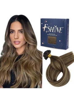 Fshine U Tip Hair Extensions Human Hair Ombre Remy Pre Bonded Hair Extensions Balayage Dark Brown Fading To Caramel Blonde And Chocolate Brown 22 Inch Hot Fusion Extensions For Women 50G/50S  - Image 1