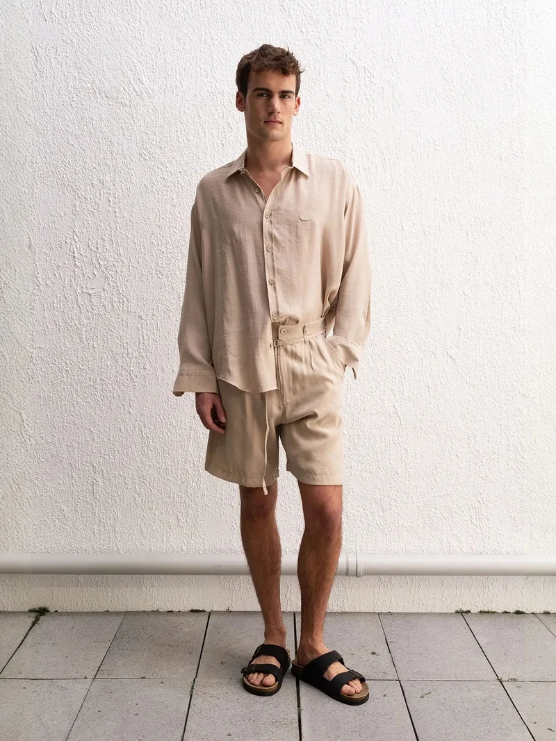 Giesto Beige Natural GIESTO Comfort Fit Embroidered Long Sleeve Shirt for Men | Best Price UAE