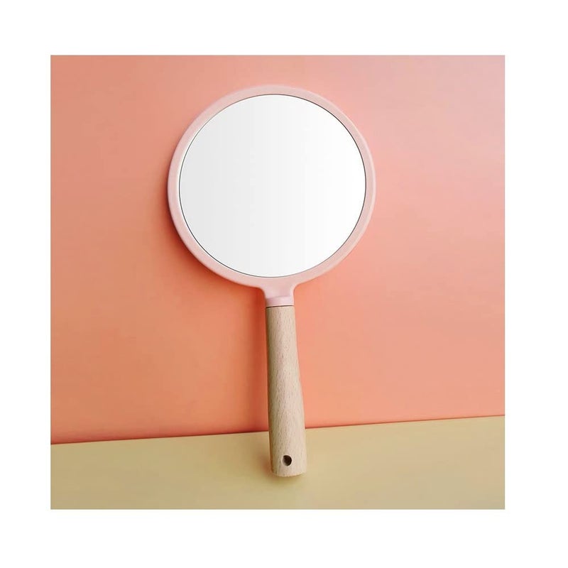 RoarCraft Hand Held Mirror for Makeup Small Wood Hand Mirror Portable Travel Vanity Mirror for MenWomen 55W x 92L inch Pink Round - Image 1