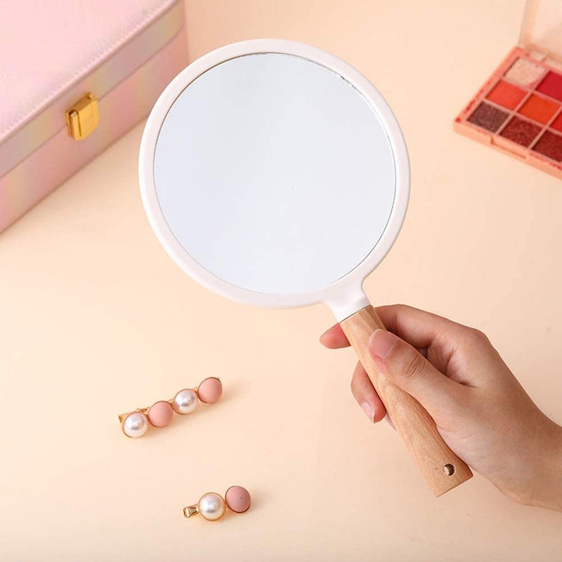 RoarCraft Hand Held Mirror for Makeup Small Wood Hand Mirror Portable Travel Vanity Mirror for MenWomen 55W x 92L inch Pink Round - Image 2